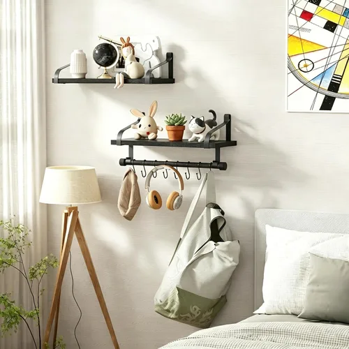 Miniatura 7 de Love-KANKEI Estantes flotantes para barra de café, estantes de baño con toallero, estantes de pared con 8 ganchos para cocina, juego de 2 estantes