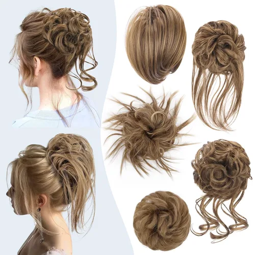 Miniatura 21 de HMD 5 piezas de moño despeinado para mujer, extensión de cabello con banda de goma elástica, extensión de cabello largo y desordenado, accesorios