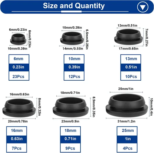 Miniatura 2 de Tnisesm 65 piezas 6 tamaños Tapones de goma negros para agujeros redondos, tapones de silicona, 1" 3/4" 5/8" 1/2" 3/8" 1/4" tapones de agujero