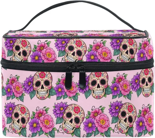 Miniatura 44 de Bolsa de Maquillaje, Estuche de Maquillaje Organizador de Viaje con Diseño de Calavera y Flores, Estuche de Cosméticos, Bolsas de Aseo para Niñas