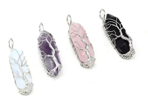 Miniatura 3 de Collar con colgante de alambre de piedra de cristal curativo punta hexagonal árbol de la vida joyería de reiki para mujeres y niñas PH18B ópalo