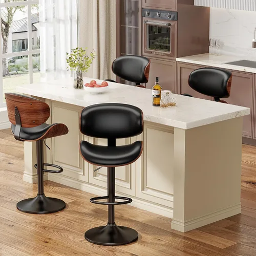Miniatura 3 de YaFiti - Taburetes giratorios de bar para mostrador de cocina, taburetes de bar ajustables de madera curvada, taburete de bar tapizado en cuero