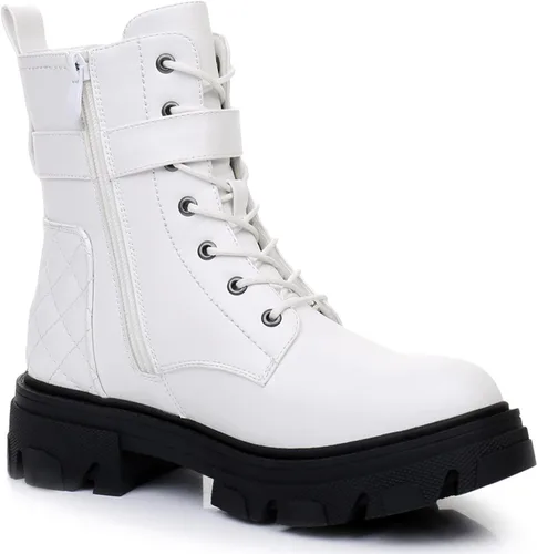 Miniatura 3 de GLOBALWIN Botas de combate para mujer, botines con cordones, cómodas botas de suela de lengüeta para mujer, tacón bajo grueso