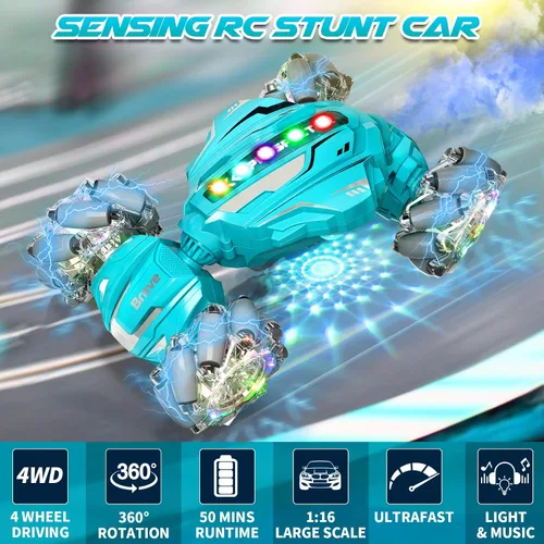 Miniatura 4 de Auto de Acrobacias RC con Detección de Gestos, Juguetes para Niños de 6-12 Años, Auto de Control Remoto Controlado a Mano 4WD con Luz y Música
