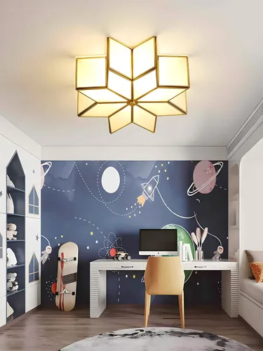 Miniatura 3 de Lámpara de techo de estrella de latón, lámpara de techo de vidrio semiempotrada, lámpara de techo de estilo de mediados de siglo con pantalla