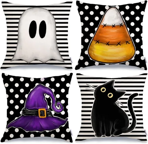 GEEORY Juego de 4 fundas de almohada de Halloween de 16 x 16 pulgadas, diseño de fantasma, gato negro, diseño de rayas, fantasma, gato, bruja,