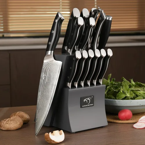 Miniatura 6 de Damascus - Juego de cuchillos de cocina de 15 piezas con bloque, mango ergonómico de ABS para juego de cuchillos de chef y cuchillos de carne