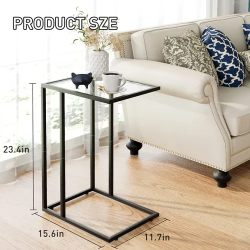 Miniatura 3 de Mesa auxiliar de cristal en C, mesa auxiliar para sofá, mesa auxiliar de vidrio templado con marco de metal, mesa de bandeja de TV para espacio Negro
