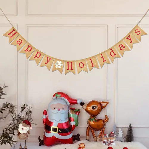 Miniatura 5 de GCQQ Bandera de Feliz Día Festivo - Banderas de Navidad de Burlap Pre-hiladas, Bandera Roja de Feliz Día Festivo para Interior con Copo de Nieve