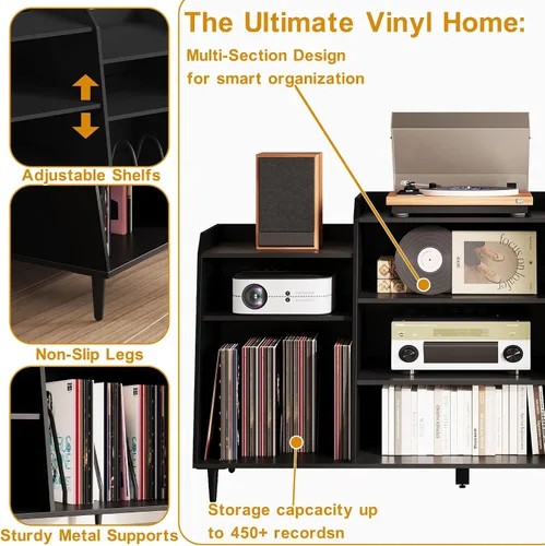 Miniatura 4 de Rresyet - Soporte para tocadiscos de 55 pulgadas con estación de carga, armario de almacenamiento de discos de vinilo de 4 niveles con estantes