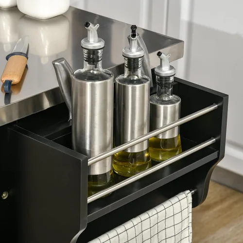 Miniatura 9 de HOMCOM Isla de cocina sobre ruedas, carrito de cocina rodante con encimera de acero inoxidable, cajón, toallero y estante de especias, carrito