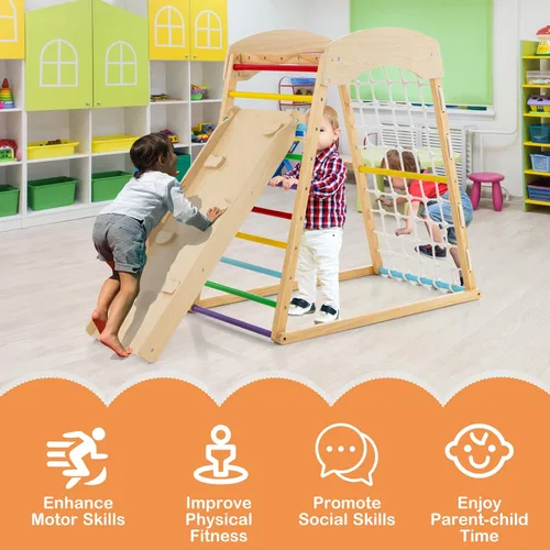 Miniatura 6 de Costzon Gimnasio interior de la selva, juguetes de escalada Montessori 6 en 1 para niños pequeños con tobogán de doble cara, escalada de roca/red