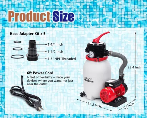 Miniatura 5 de CIPU Sistema de bomba de filtro de arena de 10 pulgadas, práctica válvula de 4 vías para piscinas sobre el suelo con bomba de piscina de 0.25 HP 115
