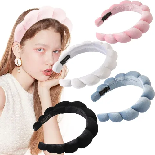 Miniatura 6 de Diadema de esponja de toalla de rizo para mujer, diadema de ducha hinchada para lavado facial, eliminación de maquillaje (paquete de 4, negro)
