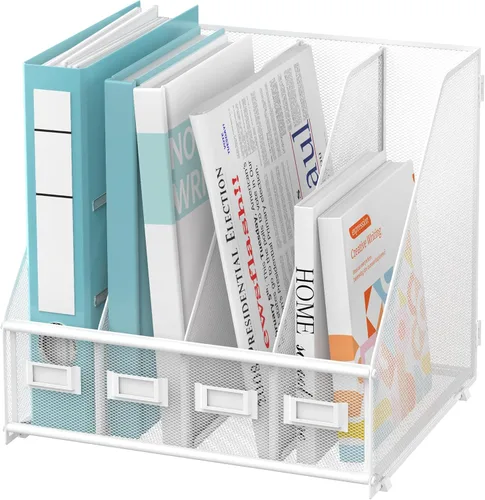 Miniatura 8 de SUPEASY Soporte para archivador de revista, organizador de escritorio de metal con 4 compartimentos para estante, organizador de archivos para Negro