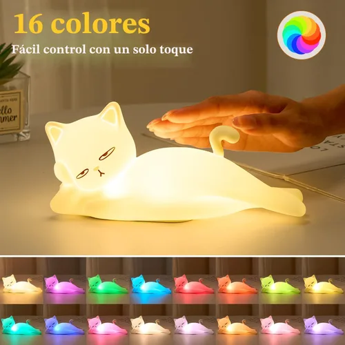 Miniatura 3 de Lámpara plana de gato Mubarek, regalos de gato, lámpara de silicona linda de 16 colores+5 atenuación, lámpara de noche recargable con control