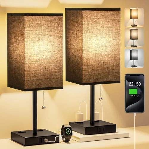 Miniatura 11 de Fenmzee Juego de 2 lámparas de noche para dormitorio, pequeña lámpara rectangular para mesita de noche con puerto de carga USB A C, luz