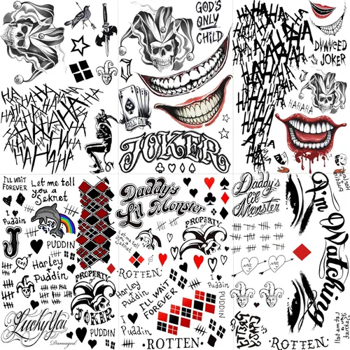 Miniatura 8 de EGMBGM 5 hojas de tatuajes temporales de Joker 3D para hombres, mujeres y adultos, kit de maquillaje de Halloween, payaso fantasma, sonrisa