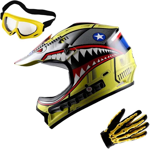 Miniatura 7 de WOW Casco de Motocross Juvenil MX BMX Casco de Bicicleta Araña Negro + Gafas + Guantes Negros Esqueleto Paquete Verde tiburón