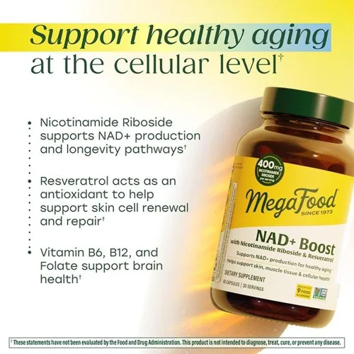 Miniatura 3 de MegaFood NAD + Boost con ribósido de nicotinamida y resveratrol, vitamina B12, B6, metil folato y niacina - Apoya la producción de NAD+ para un