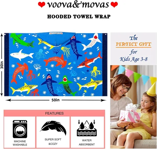 Miniatura 6 de VOOVA & MOVAS - Toalla de playa de baño con capucha, para bebés, niños y niñas de 3 a 12 años, tamaño extra grande, 50 x 30 pulgadas, algodón