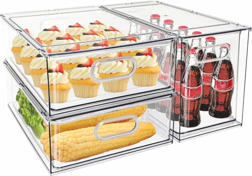 Mano Paquete de 3 contenedores apilables extraíbles para nevera con asa, organizador transparente para almacenamiento de alimentos, caja con
