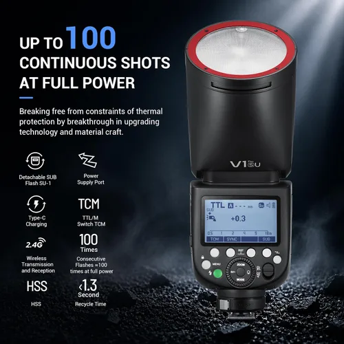 Miniatura 2 de Godox V1Pro-S TTL - Flash de cámara de cabeza redonda de iones de litio, potencia de 76 W, 100 tomas continuas de potencia completa, inalámbrica
