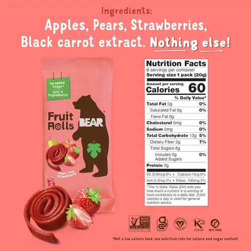 Miniatura 2 de BEAR Rollos de fruta real, paquete variado, 16 unidades (2 rollos por paquete)