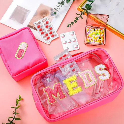 Miniatura 2 de Hillban 2 bolsas medicinales de chenilla con parche de letras, bolsas de viaje, de nailon transparente, bolsas de maquillaje portátiles