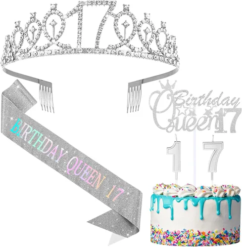 Miniatura 9 de Crowye Decoraciones de cumpleaños número 17, corona de tiara de 17 años, banda, decoración para tartas, velas, suministros para fiestas, regalos Azul