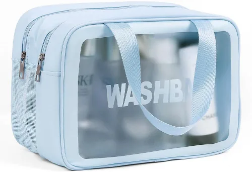 Miniatura 8 de Bolsa de lavado para mujeres y hombres, bolsa de aseo de viaje de gran capacidad con ventana translúcida mate y bolsillos húmedos/secos, organizador
