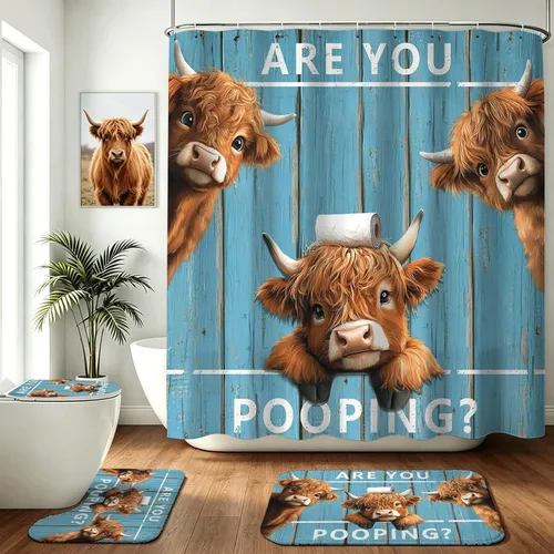 Mocsicka Juego de cortinas de ducha vintage divertidas de vaca de las tierras altas, estilo retro, para puerta de tablones azules, juego de