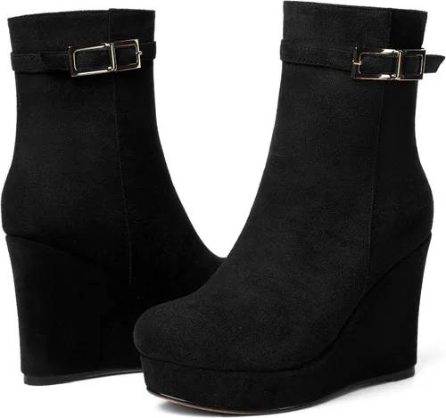 Miniatura 6 de MERRORI Bukle - Botas altas de tacón alto para mujer, puntera redonda, plataforma de gamuza sólida, de 4 pulgadas