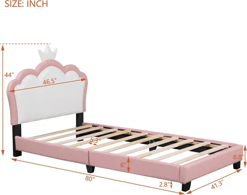 Miniatura 2 de Bonita cama de princesa tapizada de tamaño individual con cabecera corona, plataforma de piel sintética rosa para niños y niñas, no requiere somier