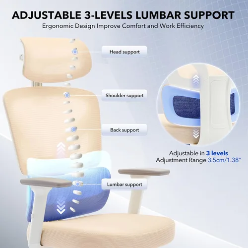 Miniatura 5 de Silla de oficina ergonómica con soporte lumbar ajustable, silla de escritorio de oficina en casa, cómoda silla de juegos de malla con reposabrazos