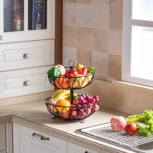 Miniatura 2 de Cesta de frutas de 2 niveles para verduras, soporte para encimera, cesta de frutas, cuenco de almacenamiento para cocina, hogar, hierro fundido