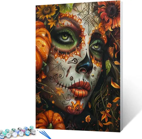 Miniatura 18 de Kit de Pintura por Números de Retrato de Mujer Calavera de Azúcar al Óleo de 16 x 20 Pulgadas, Lienzo para Halloween, Decoración para Mujeres, Chica