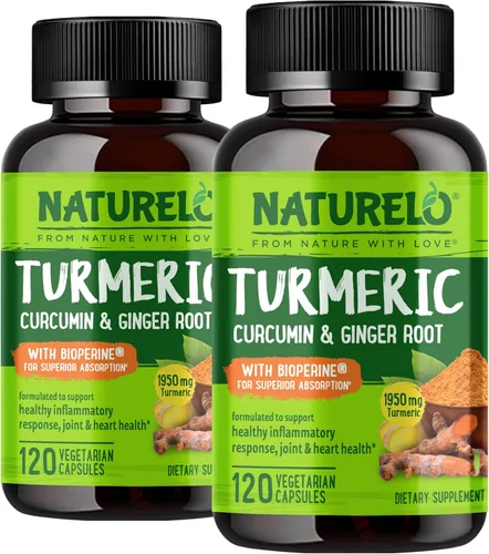 NATURELO Curcumina de cúrcuma BioPerine para una mejor absorción, pimienta negra, raíz de jengibre, curcuminoides, apoyo a las molestias articulares