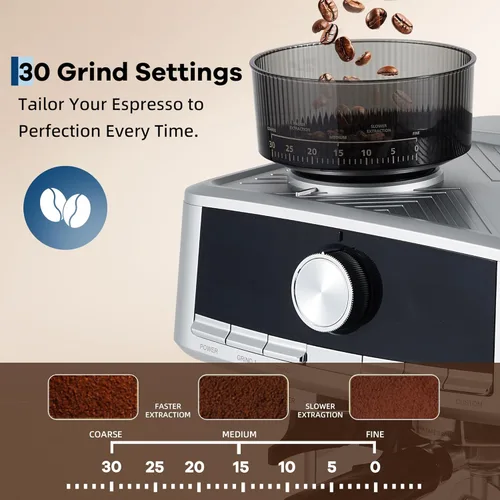 Miniatura 2 de Garvee Máquina de café expreso de acero inoxidable a presión de 20 bar con molinillo, tanque de agua extraíble de 1.5 L, varita de vapor espumador