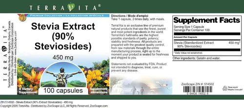Miniatura 3 de Extracto de Stevia (90% Esteviósidos) - 450 mg (100 Cápsulas, ZIN: 514502)