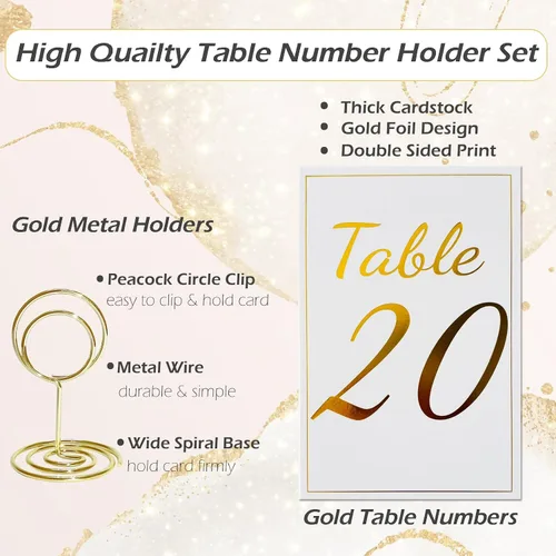 Miniatura 2 de Tarjetas de números de mesa doradas con soportes, 1-30 tarjetas de lugar doradas con soportes, número de mesa de doble cara de 4 x 6 para boda