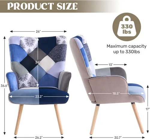 Miniatura 2 de Joysoul Silla decorativa para sala de estar, sillón moderno con respaldo alto, silla de tela de retazos bohemios, silla de lectura tapizada colorida