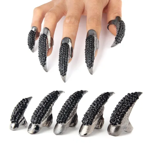 Juego de 10 uñas falsas Bestga. Estilo gótico, punk, para fiesta de disfraces, con cristales y estrás pegados, uñas falsas en forma de anillo, 3