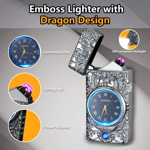 Miniatura 2 de Encendedor eléctrico con plasma de doble arco y pantalla de batería, modelo actualizado con reloj y linterna, regalo único para hombres y mujeres