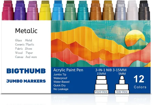 BIGTHUMB Juego de marcadores de póster de graffiti gigante: 12 colores metálicos grandes de punta ancha de 0.591 in de ancho bolígrafos de pintura