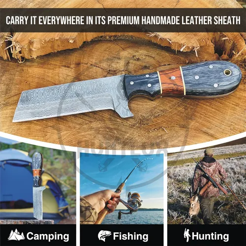 Miniatura 7 de Cuchillo cortador de toros de acero inoxidable de 8 pulgadas con funda para cinturón, cuchillo vaquero de espiga completa con mango de madera, hoja