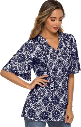 Miniatura 4 de HOCOSIT - Camiseta de manga corta con olanes y cuello en V con estampado de flores, plisada y abotonada, para mujer