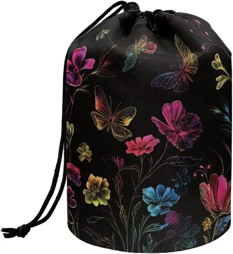 Miniatura 43 de Poceacles Bolsa de maquillaje con cordón, estuche portátil para cosméticos, bolsa de aseo de viaje, organizador de barril, bolsa de almacenamiento