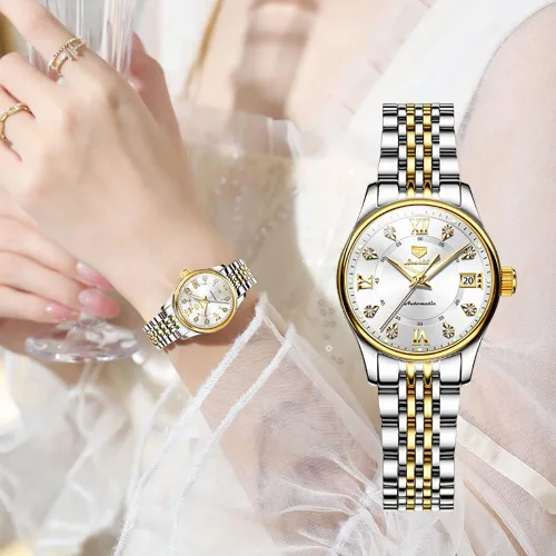 Miniatura 4 de OLEVS Relojes automáticos para mujer, mecánicos, cuerda automática, vestido de lujo, esfera de diamante, correa de acero inoxidable, impermeable