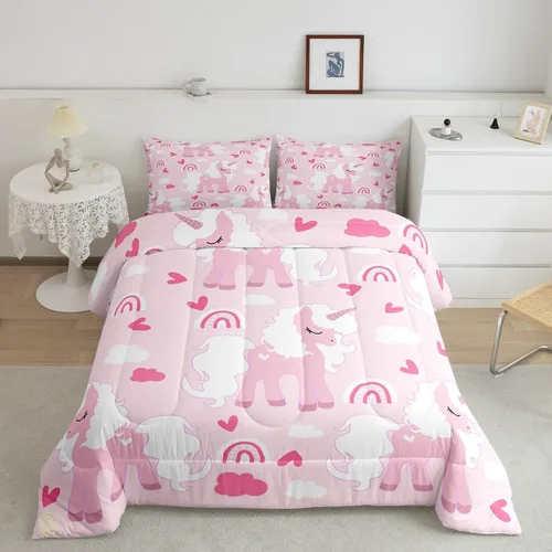 Miniatura 11 de Feelyou Juego de ropa de cama de unicornio para niñas, bonito edredón con purpurina de unicornio de dibujos animados arco iris para niños, juego